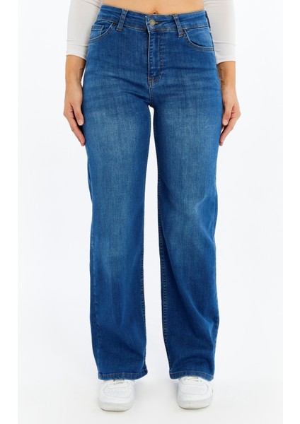 Kadın Yüksek Bel Düz Paça Denim Jean – Orta Mavi Rahat Kalıp Günlük Pantolon fırsatları