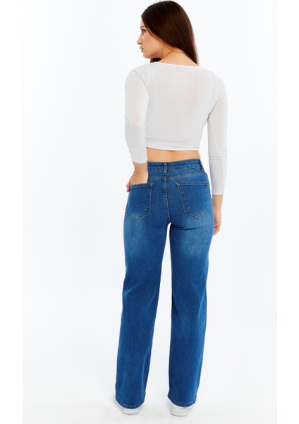 Kadın Yüksek Bel Düz Paça Denim Jean – Orta Mavi Rahat Kalıp Günlük Pantolon