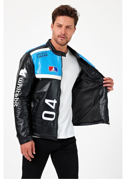 Erkek Oversize Puf Deri Yarışçı Ceket Kolej Mont Baskılı Fermuarlı Bomber Mont