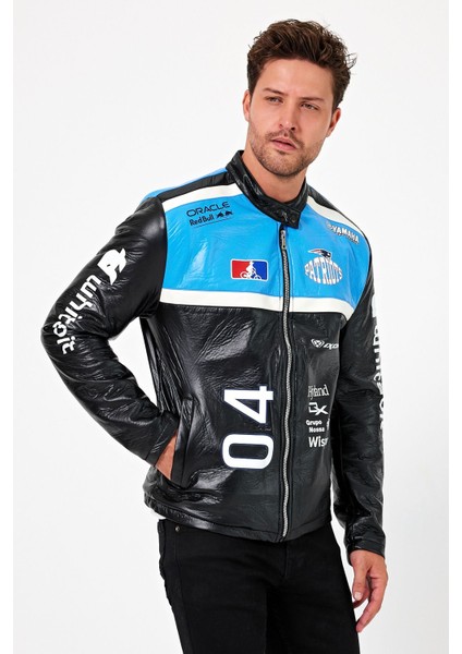 Erkek Oversize Puf Deri Yarışçı Ceket Kolej Mont Baskılı Fermuarlı Bomber Mont