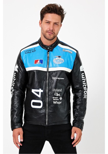 Erkek Oversize Puf Deri Yarışçı Ceket Kolej Mont Baskılı Fermuarlı Bomber Mont