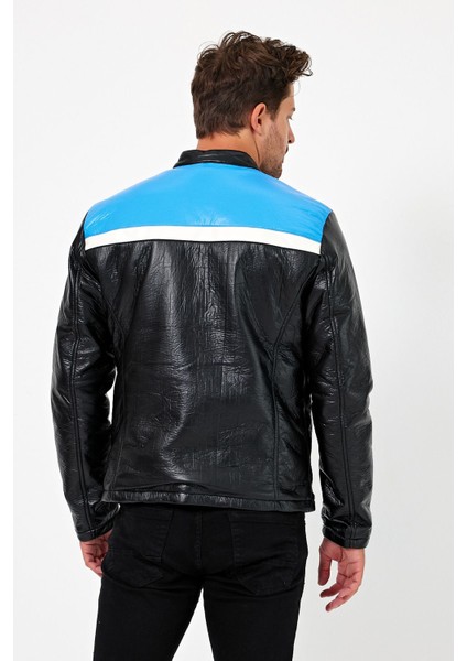 Erkek Oversize Puf Deri Yarışçı Ceket Kolej Mont Baskılı Fermuarlı Bomber Mont