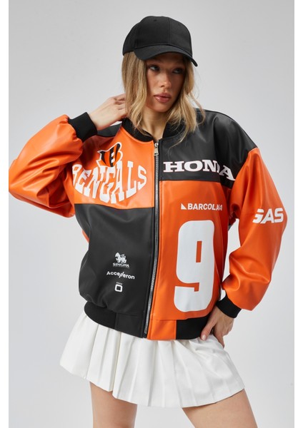 Kadın Oversize Baskılı Deri Motorcu Montu Fermuarlı Yarışçı Ceket Astarlı Bomber Kolej Mont