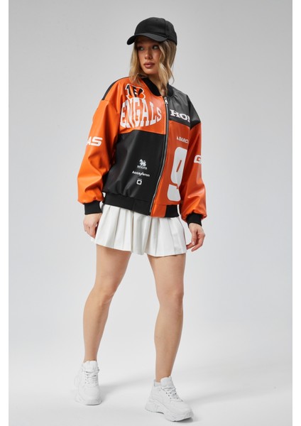 Kadın Oversize Baskılı Deri Motorcu Montu Fermuarlı Yarışçı Ceket Astarlı Bomber Kolej Mont fiyatları