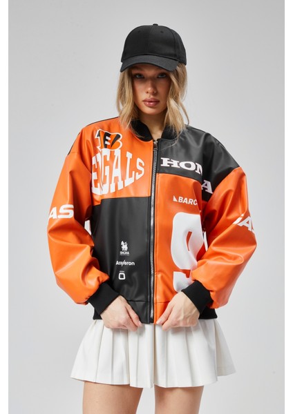 Kadın Oversize Baskılı Deri Motorcu Montu Fermuarlı Yarışçı Ceket Astarlı Bomber Kolej Mont modelleri