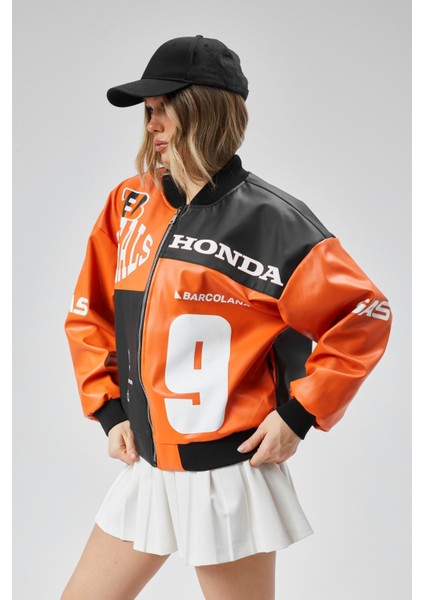 Kadın Oversize Baskılı Deri Motorcu Montu Fermuarlı Yarışçı Ceket Astarlı Bomber Kolej Mont fırsatları