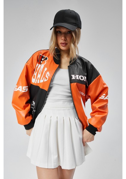 Kadın Oversize Baskılı Deri Motorcu Montu Fermuarlı Yarışçı Ceket Astarlı Bomber Kolej Mont indirimleri