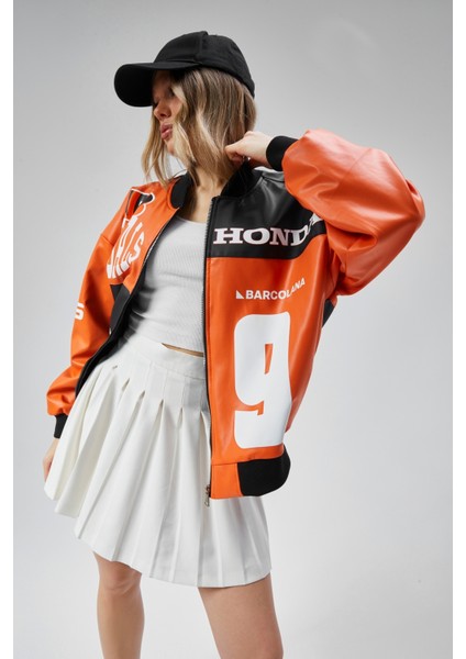 Kadın Oversize Baskılı Deri Motorcu Montu Fermuarlı Yarışçı Ceket Astarlı Bomber Kolej Mont