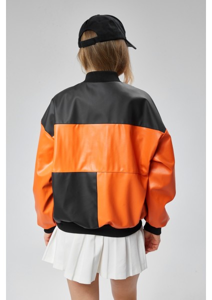 Kadın Oversize Baskılı Deri Motorcu Montu Fermuarlı Yarışçı Ceket Astarlı Bomber Kolej Mont