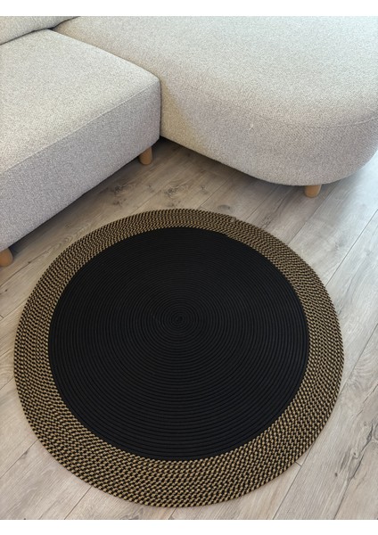 Dahlia Yuvarlak Jüt Halı – Siyah ve Doğal Renkli Örgü El Dokuması Kilim