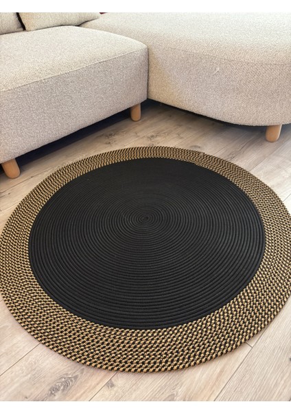 Dahlia Yuvarlak Jüt Halı – Siyah ve Doğal Renkli Örgü El Dokuması Kilim fırsatları