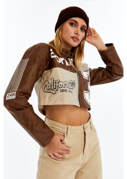 Kadın Crop Deri Ceket – Renkli Baskılı Motorcu Stil Mont - Kısa Ceket Çok Renkli Mont - Hakim Yaka