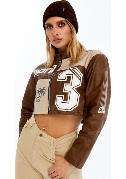 Kadın Crop Deri Ceket – Renkli Baskılı Motorcu Stil Mont - Kısa Ceket Çok Renkli Mont - Hakim Yaka fiyatları