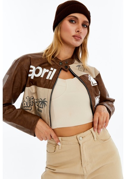 Kadın Crop Deri Ceket – Renkli Baskılı Motorcu Stil Mont - Kısa Ceket Çok Renkli Mont - Hakim Yaka indirimleri