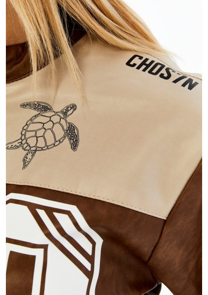 Kadın Crop Deri Ceket – Renkli Baskılı Motorcu Stil Mont - Kısa Ceket Çok Renkli Mont - Hakim Yaka