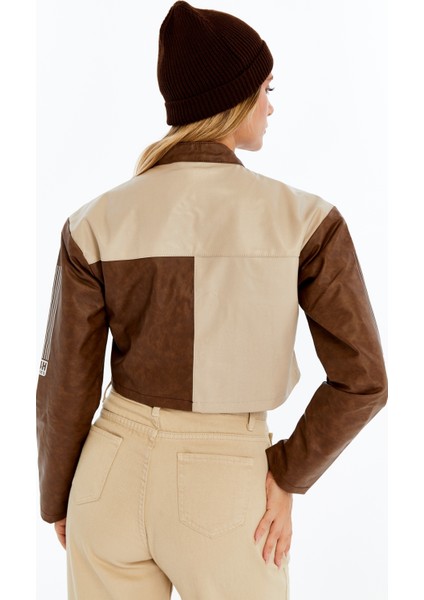 Kadın Crop Deri Ceket – Renkli Baskılı Motorcu Stil Mont - Kısa Ceket Çok Renkli Mont - Hakim Yaka