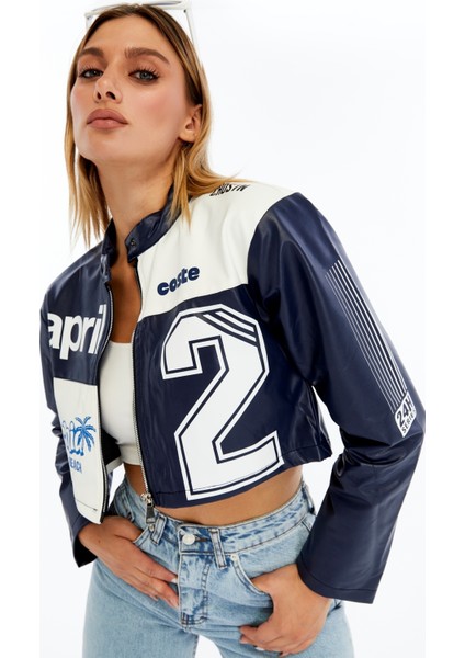 Kadın Crop Deri Ceket – Renkli Baskılı Motorcu Stil Mont - Kısa Ceket Çok Renkli Mont - Hakim Yaka