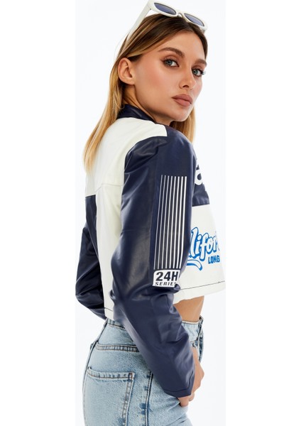 Kadın Crop Deri Ceket – Renkli Baskılı Motorcu Stil Mont - Kısa Ceket Çok Renkli Mont - Hakim Yaka modelleri