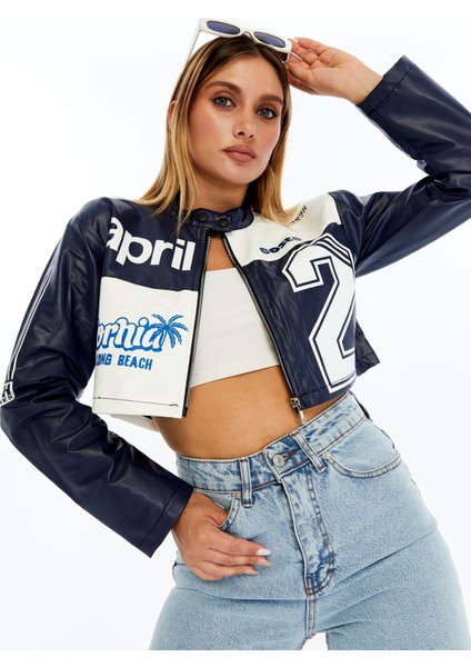 Kadın Crop Deri Ceket – Renkli Baskılı Motorcu Stil Mont - Kısa Ceket Çok Renkli Mont - Hakim Yaka fırsatları