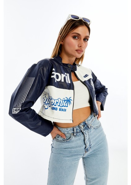 Kadın Crop Deri Ceket – Renkli Baskılı Motorcu Stil Mont - Kısa Ceket Çok Renkli Mont - Hakim Yaka