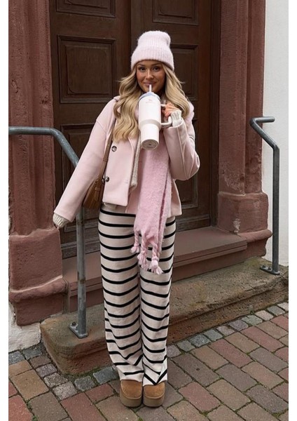 Ekru Çizgili Kadın Triko Pantolon MG2342