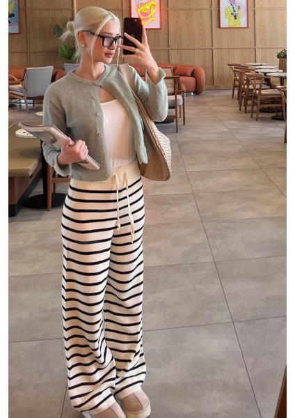 Ekru Çizgili Kadın Triko Pantolon MG2342 fiyatları