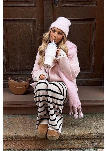 Ekru Çizgili Kadın Triko Pantolon MG2342 fırsatları