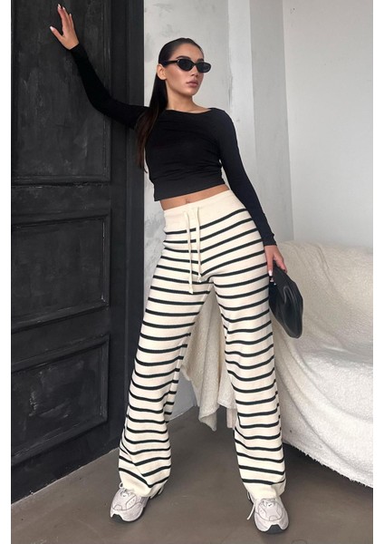 Ekru Çizgili Kadın Triko Pantolon MG2342 indirimleri