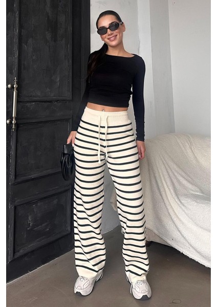 Ekru Çizgili Kadın Triko Pantolon MG2342