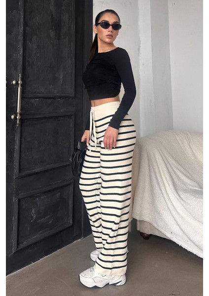 Ekru Çizgili Kadın Triko Pantolon MG2342