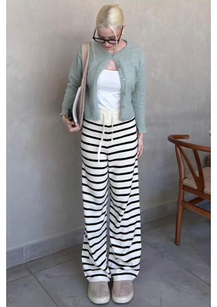 Ekru Çizgili Kadın Triko Pantolon MG2342