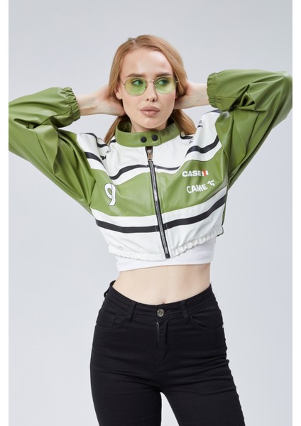 Kadın Deri Baskılı Şeritli Ceket Beli ve Kolu Lastikli Kolej Hakim Yaka Bomber Yarışçı Motorcu Mont