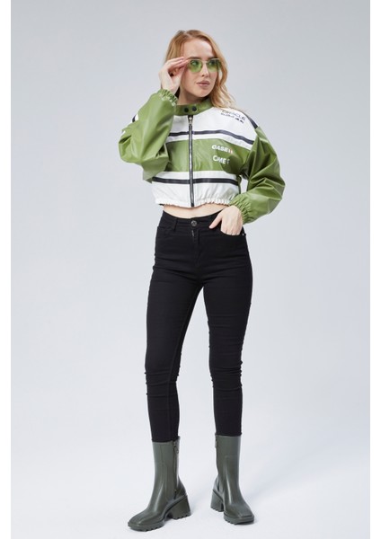 Kadın Deri Baskılı Şeritli Ceket Beli ve Kolu Lastikli Kolej Hakim Yaka Bomber Yarışçı Motorcu Mont fiyatları