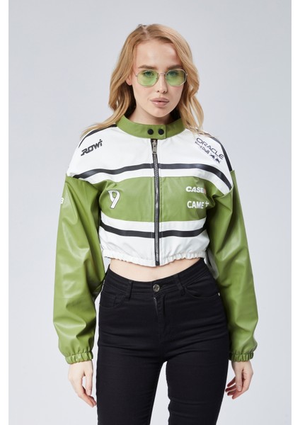 Kadın Deri Baskılı Şeritli Ceket Beli ve Kolu Lastikli Kolej Hakim Yaka Bomber Yarışçı Motorcu Mont modelleri