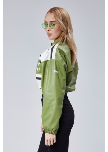 Kadın Deri Baskılı Şeritli Ceket Beli ve Kolu Lastikli Kolej Hakim Yaka Bomber Yarışçı Motorcu Mont fırsatları