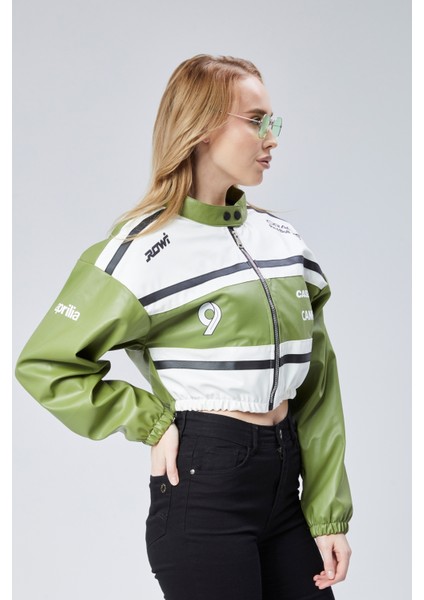 Kadın Deri Baskılı Şeritli Ceket Beli ve Kolu Lastikli Kolej Hakim Yaka Bomber Yarışçı Motorcu Mont indirimleri