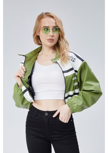 Kadın Deri Baskılı Şeritli Ceket Beli ve Kolu Lastikli Kolej Hakim Yaka Bomber Yarışçı Motorcu Mont