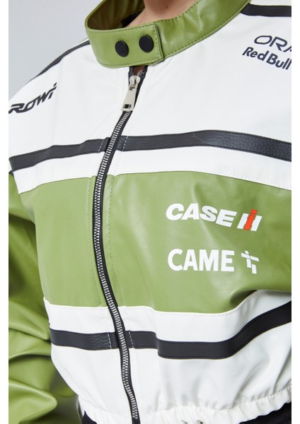 Kadın Deri Baskılı Şeritli Ceket Beli ve Kolu Lastikli Kolej Hakim Yaka Bomber Yarışçı Motorcu Mont