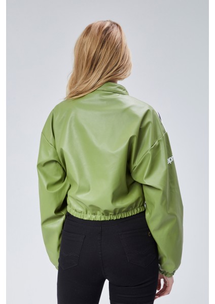 Kadın Deri Baskılı Şeritli Ceket Beli ve Kolu Lastikli Kolej Hakim Yaka Bomber Yarışçı Motorcu Mont