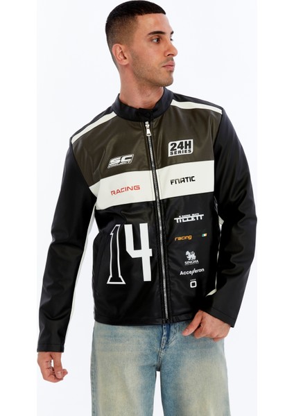 Erkek Oversize Şeritli Baskılı Deri Ceket Hakim Yaka Bomber Motorcu Montu Yarışçı Ceketi