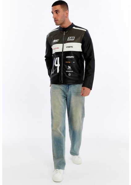 Erkek Oversize Şeritli Baskılı Deri Ceket Hakim Yaka Bomber Motorcu Montu Yarışçı Ceketi fiyatları