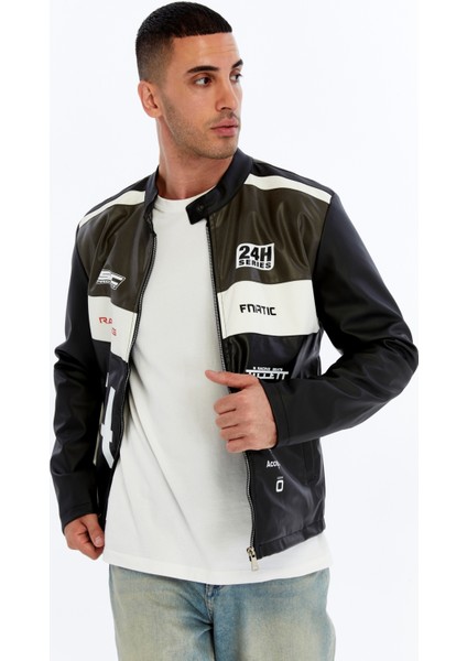 Erkek Oversize Şeritli Baskılı Deri Ceket Hakim Yaka Bomber Motorcu Montu Yarışçı Ceketi fırsatları