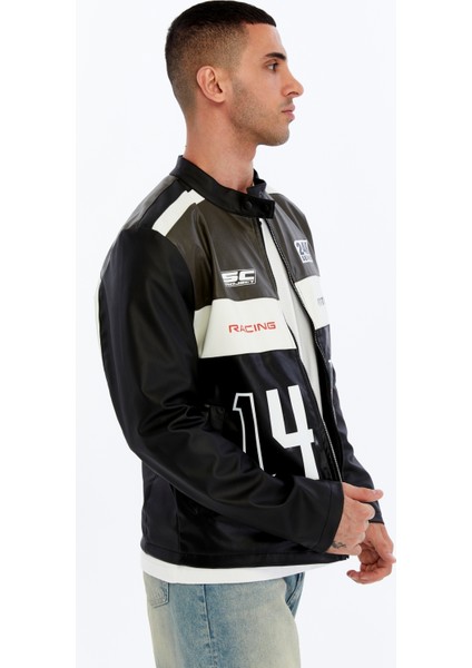 Erkek Oversize Şeritli Baskılı Deri Ceket Hakim Yaka Bomber Motorcu Montu Yarışçı Ceketi indirimleri