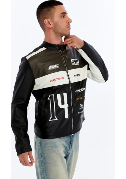 Erkek Oversize Şeritli Baskılı Deri Ceket Hakim Yaka Bomber Motorcu Montu Yarışçı Ceketi