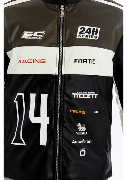 Erkek Oversize Şeritli Baskılı Deri Ceket Hakim Yaka Bomber Motorcu Montu Yarışçı Ceketi