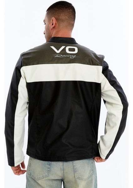 Erkek Oversize Şeritli Baskılı Deri Ceket Hakim Yaka Bomber Motorcu Montu Yarışçı Ceketi