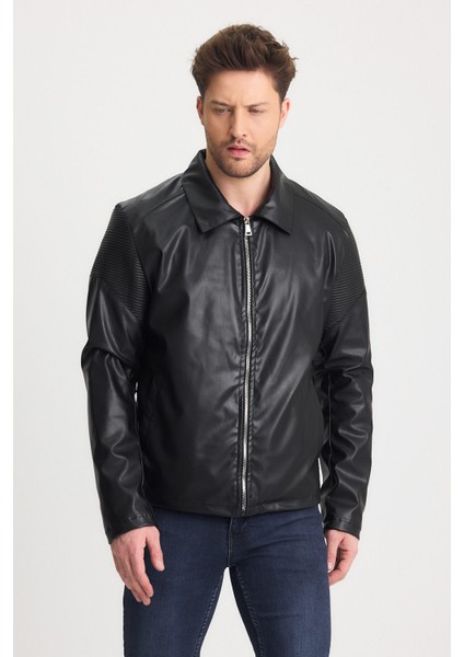 Erkek Deri Düz Fermuarlı Siyah Mont Omuz Desen Garnili Ceket