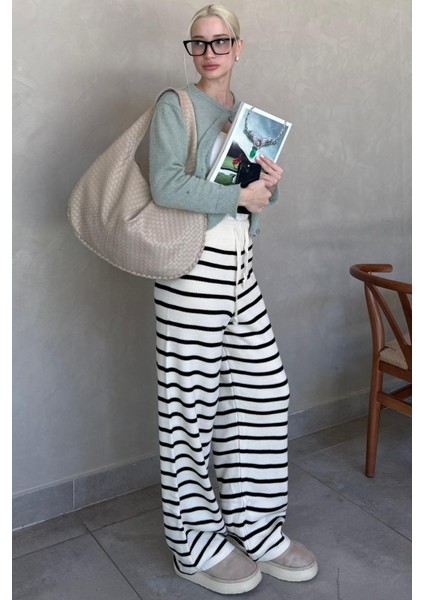 Ekru Çizgili Kadın Triko Pantolon MG2342