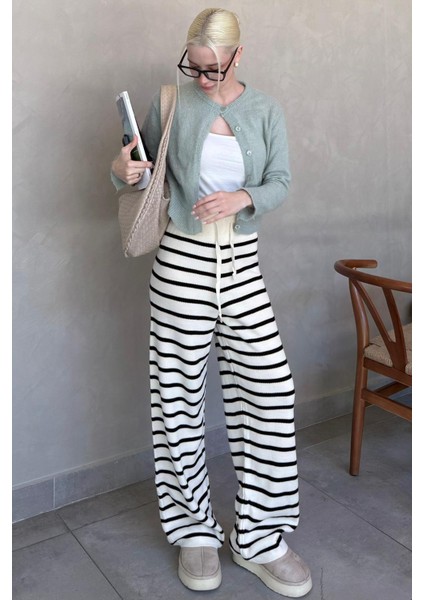 Ekru Çizgili Kadın Triko Pantolon MG2342
