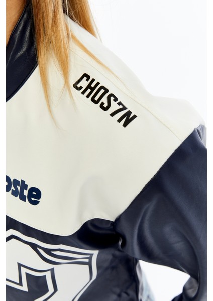 Kadın Crop Deri Ceket – Renkli Baskılı Motorcu Stil Mont - Kısa Ceket Çok Renkli Mont - Hakim Yaka